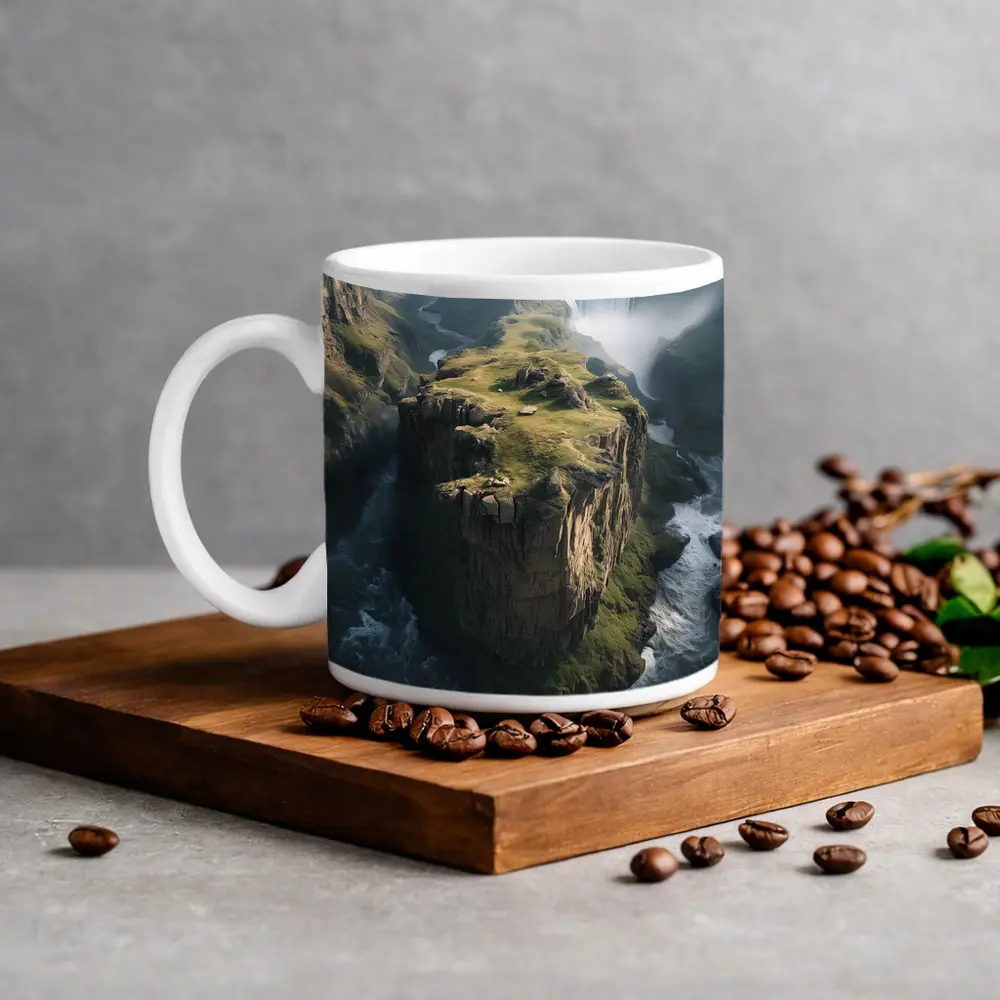 Dramatic Cliff Canyon Waterfall Misty Landscape – Mugs