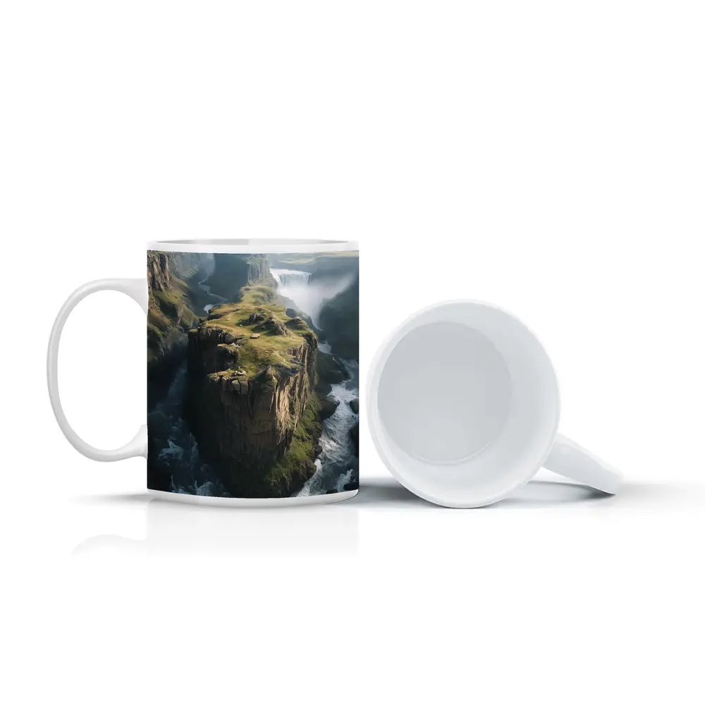 Dramatic Cliff Canyon Waterfall Misty Landscape – Mugs