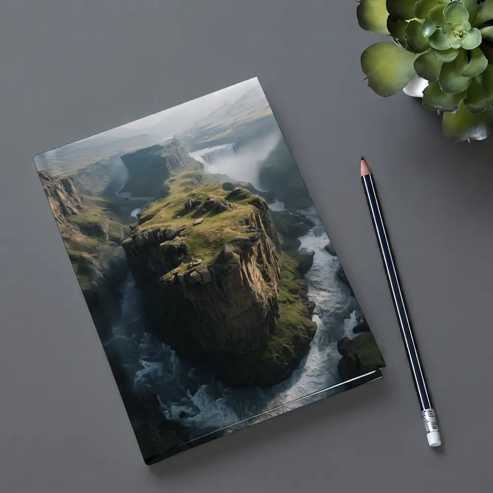 Dramatic Cliff Canyon Waterfall Misty Landscape – Notebooks