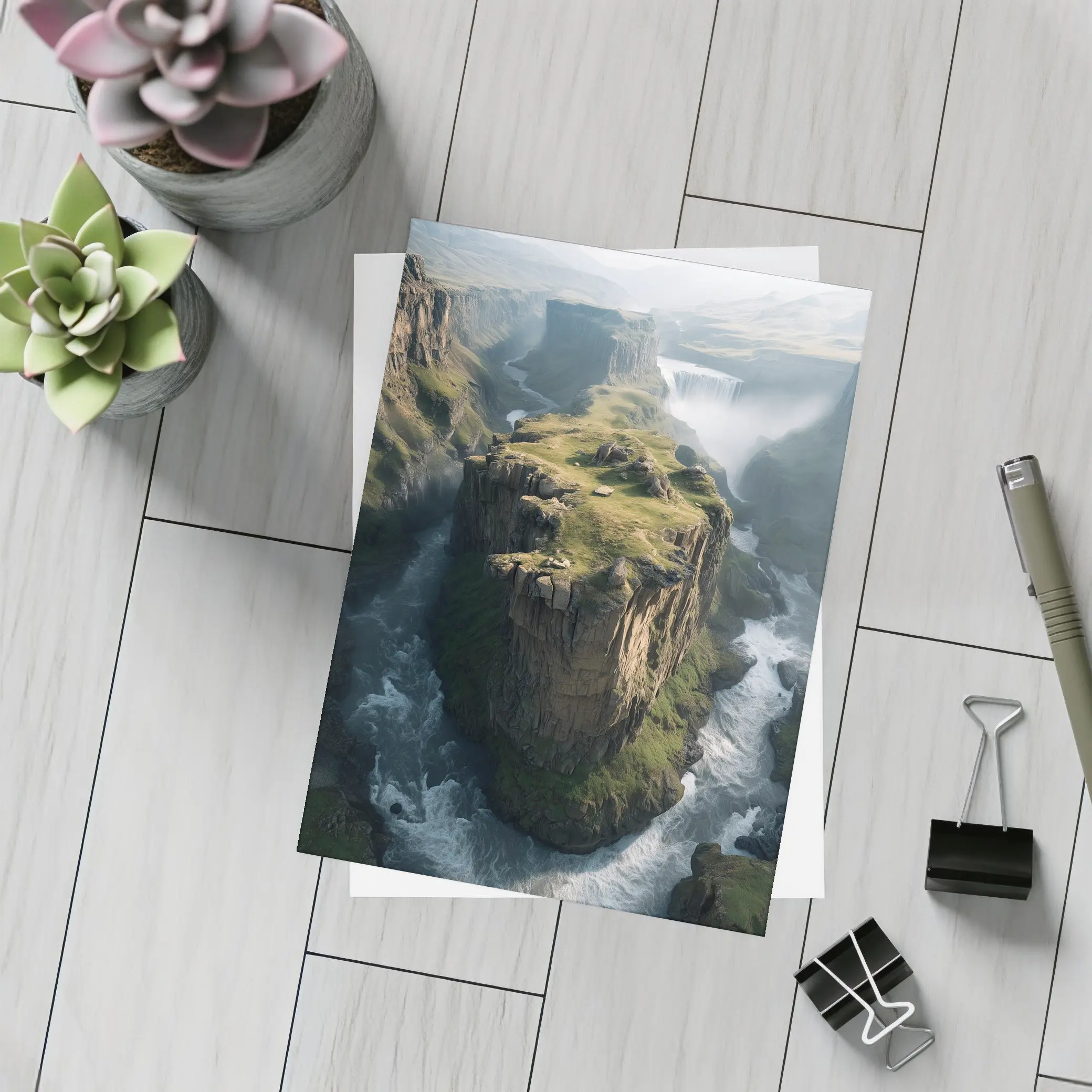 Dramatic Cliff Canyon Waterfall Misty Landscape – Postcards