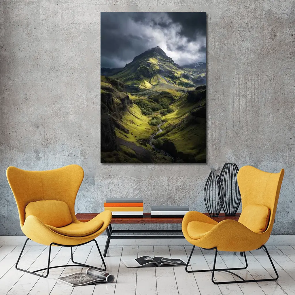 Moody Green Iceland Mountain Valley Landscape – Wall Art