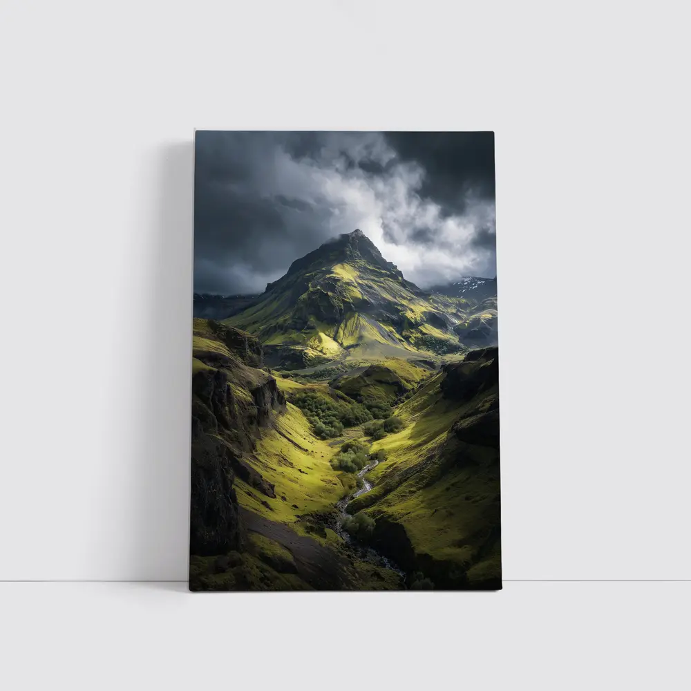 Moody Green Iceland Mountain Valley Landscape – Wall Art