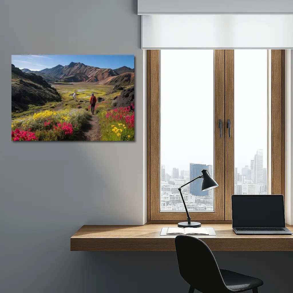 Hiker Walking Mountain Valley Wildflower Trail – Wall Art