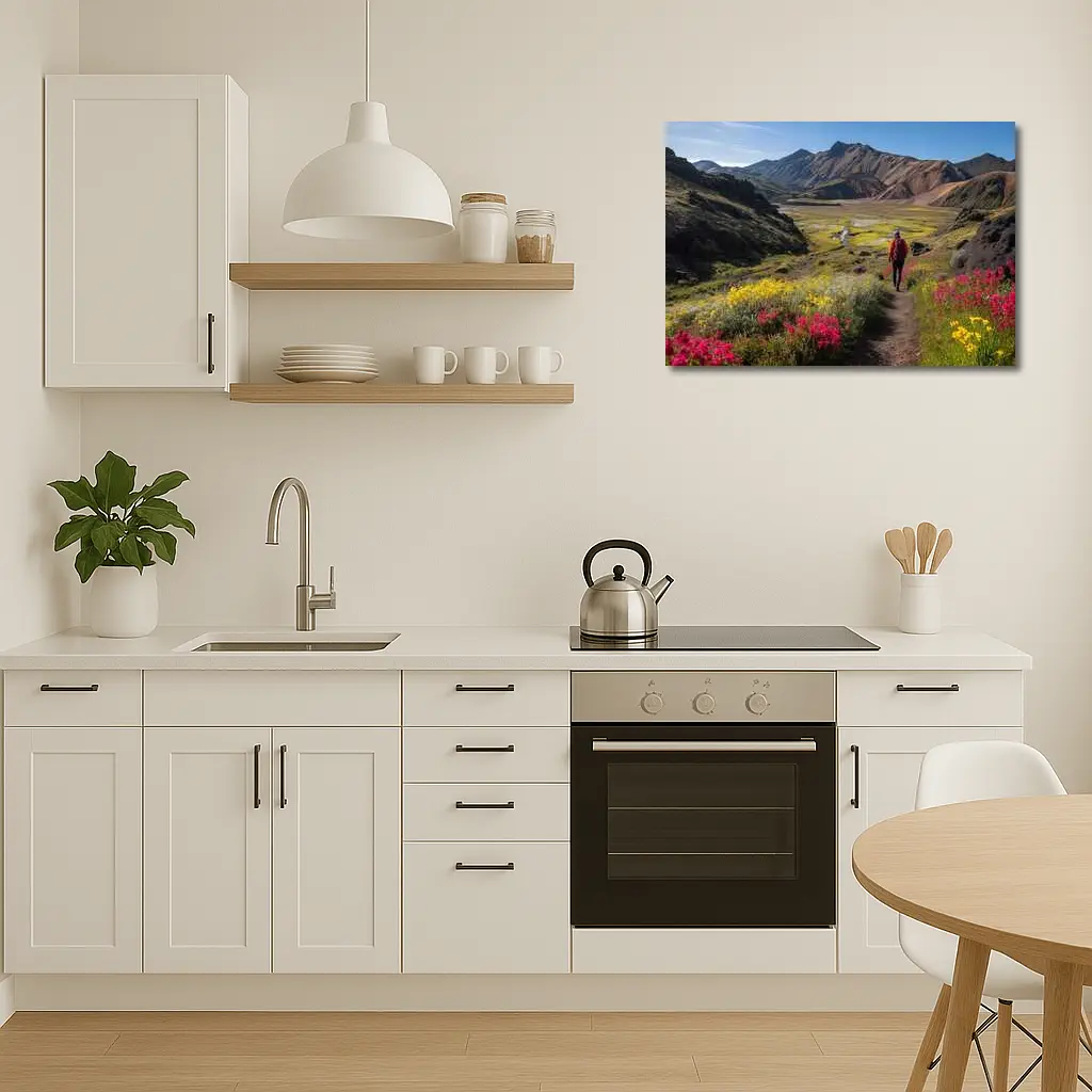 Hiker Walking Mountain Valley Wildflower Trail – Wall Art