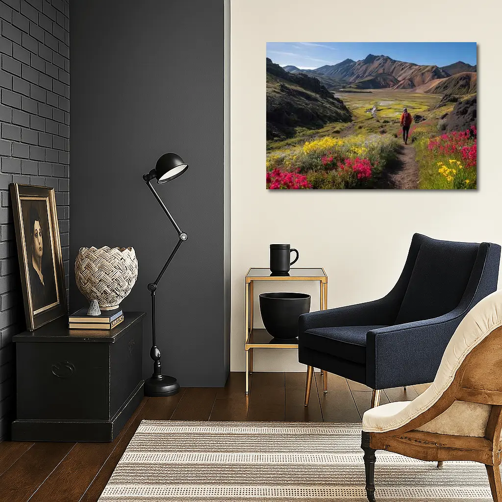 Hiker Walking Mountain Valley Wildflower Trail – Wall Art