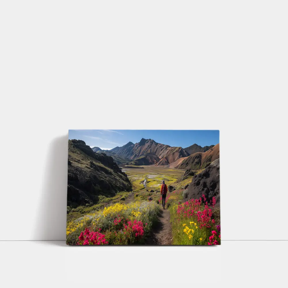 Hiker Walking Mountain Valley Wildflower Trail – Wall Art