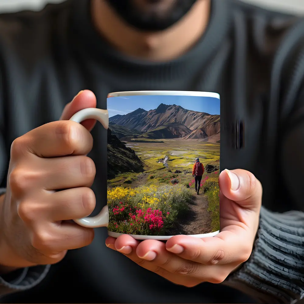 Hiker Walking Mountain Valley Wildflower Trail – Mugs