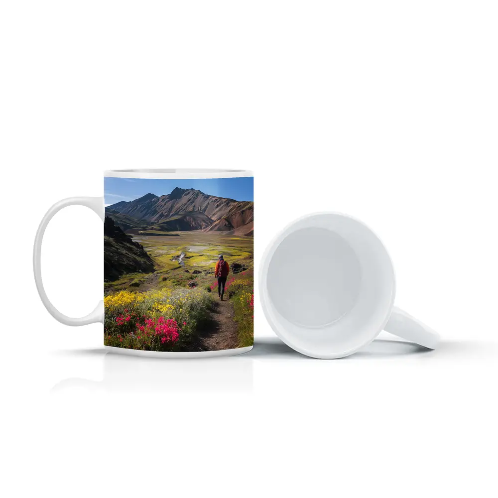 Hiker Walking Mountain Valley Wildflower Trail – Mugs