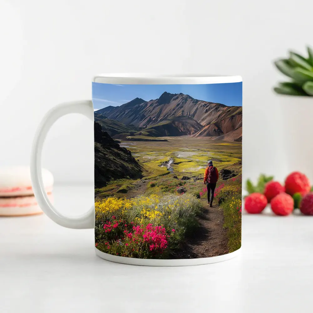 Hiker Walking Mountain Valley Wildflower Trail – Mugs