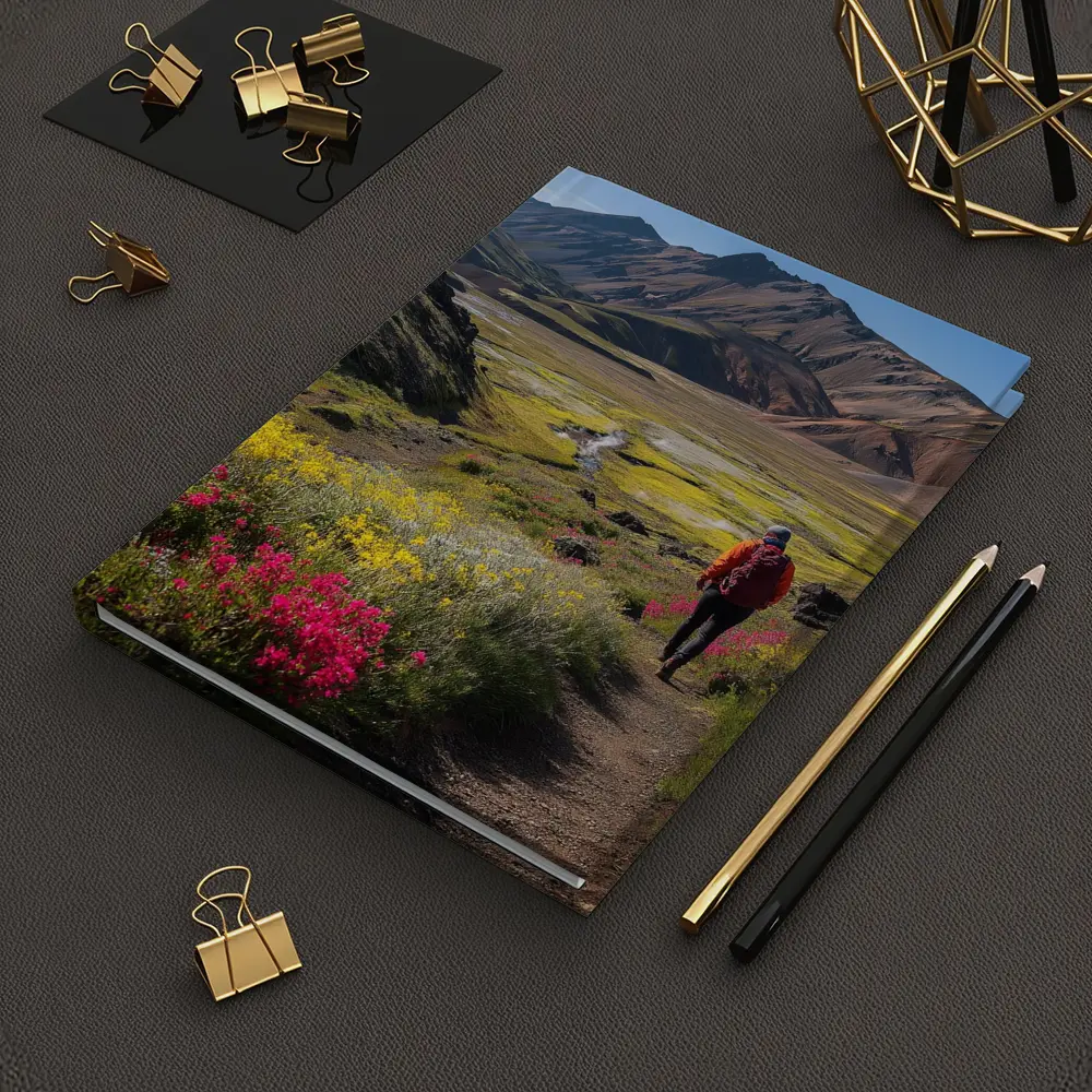 Hiker Walking Mountain Valley Wildflower Trail – Notebooks