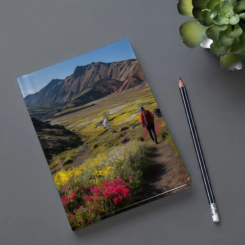 Hiker Walking Mountain Valley Wildflower Trail – Notebooks