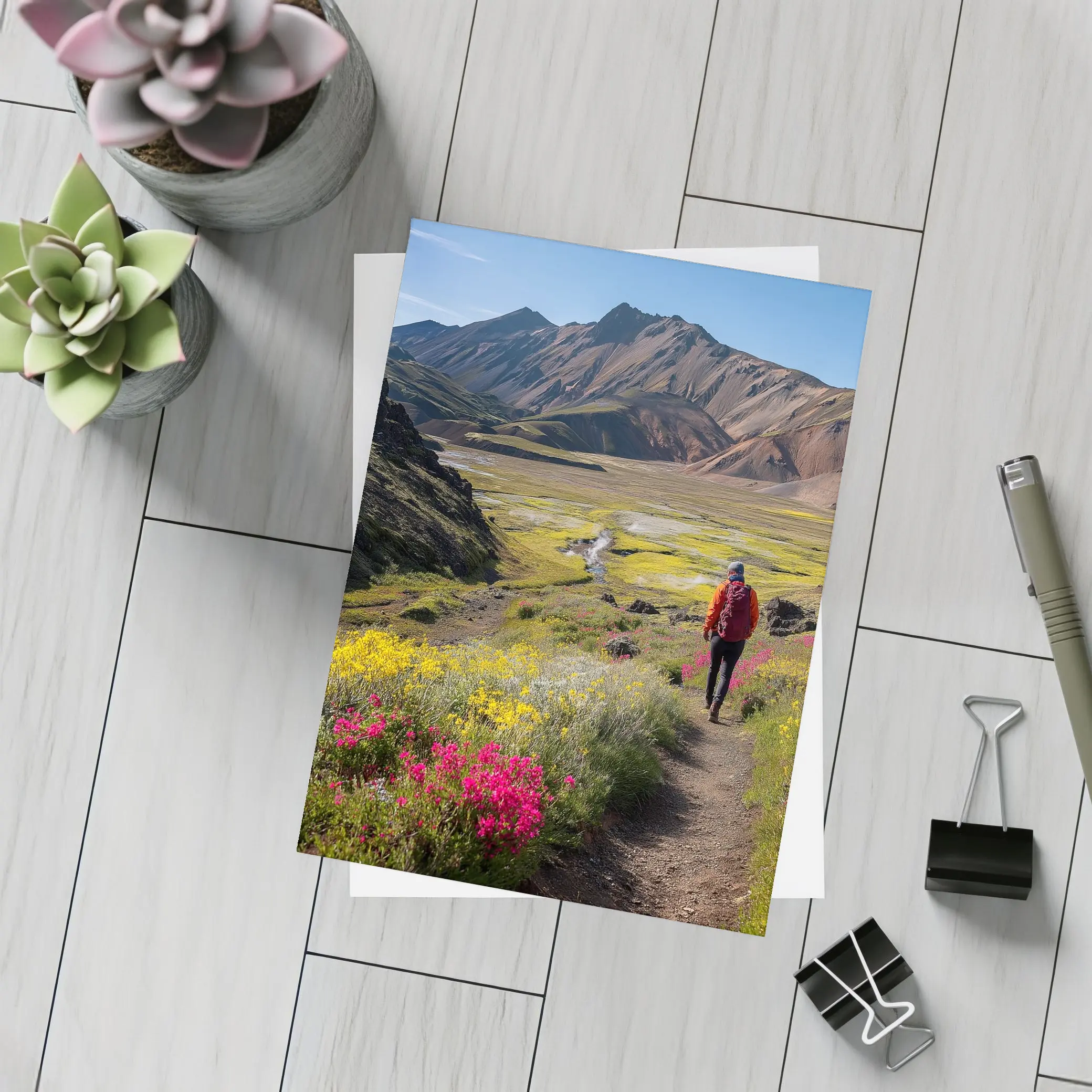 Hiker Walking Mountain Valley Wildflower Trail – Postcards