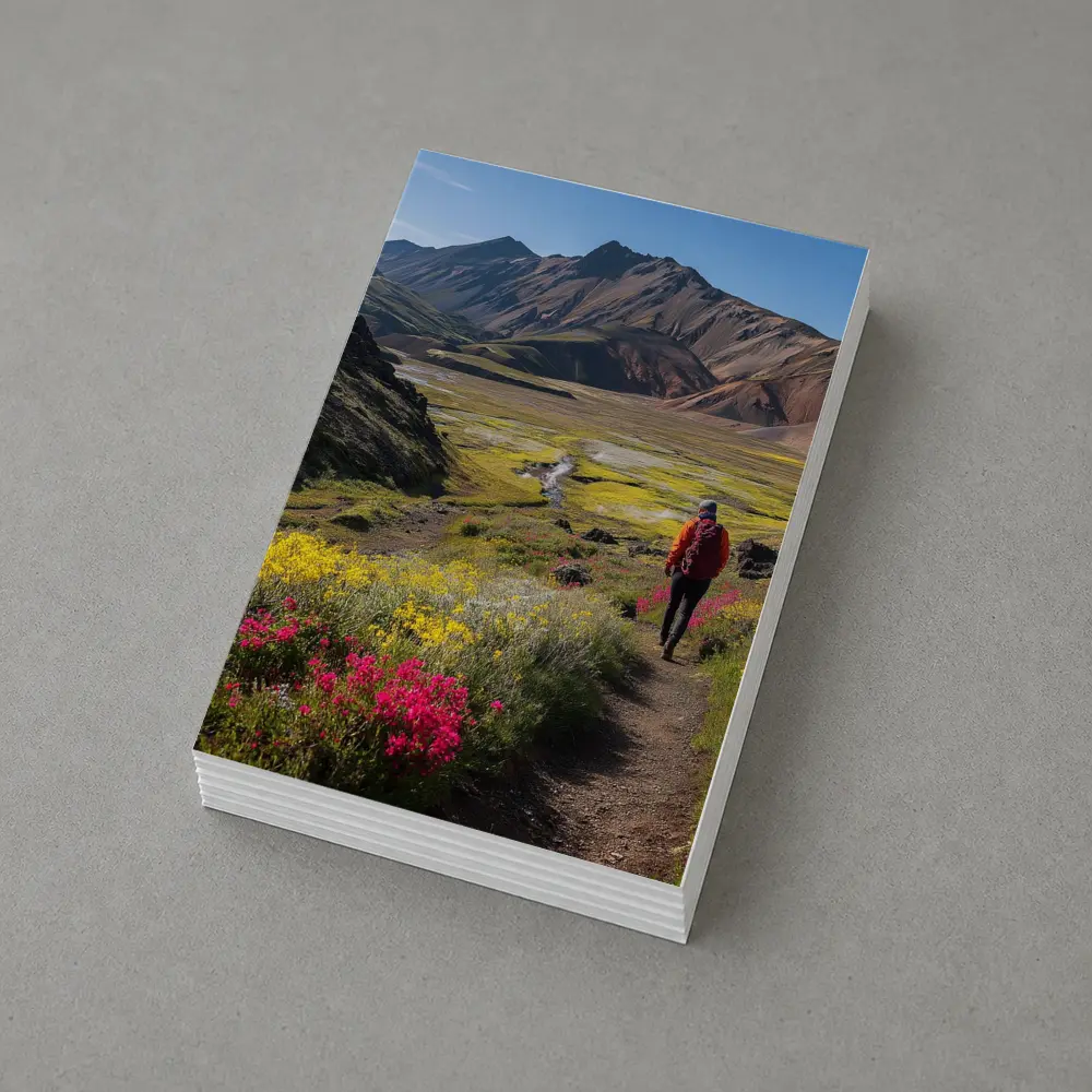 Hiker Walking Mountain Valley Wildflower Trail – Postcards