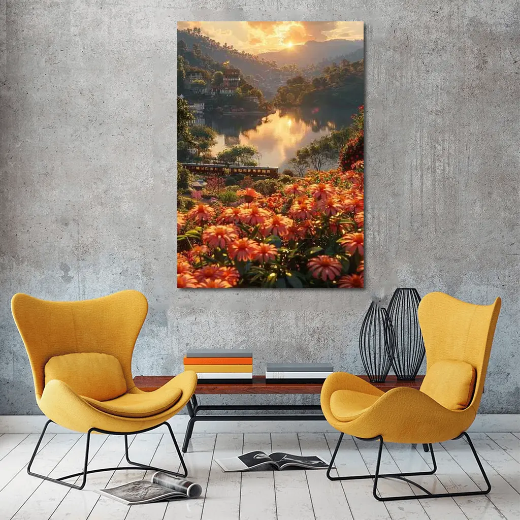Orange Flowers River Valley Sunset Landscape – Wall Art