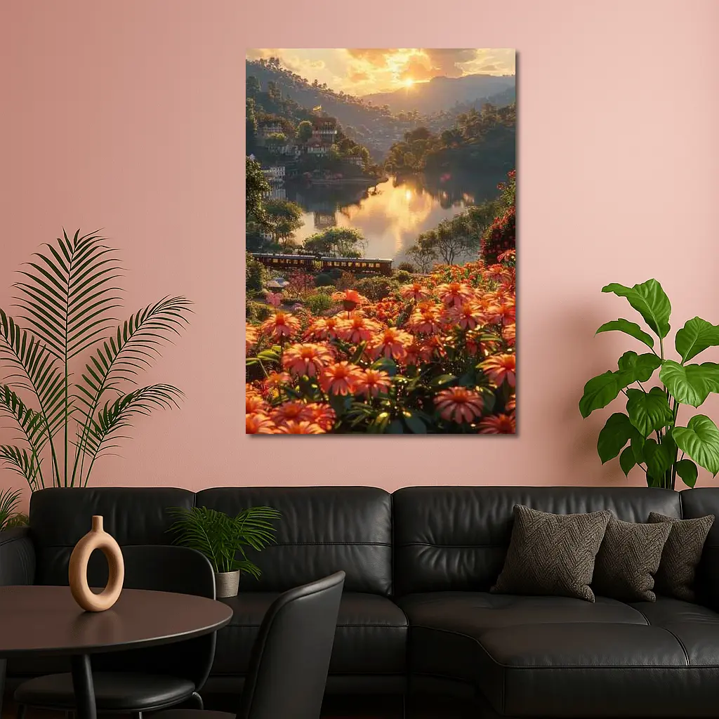 Orange Flowers River Valley Sunset Landscape – Wall Art