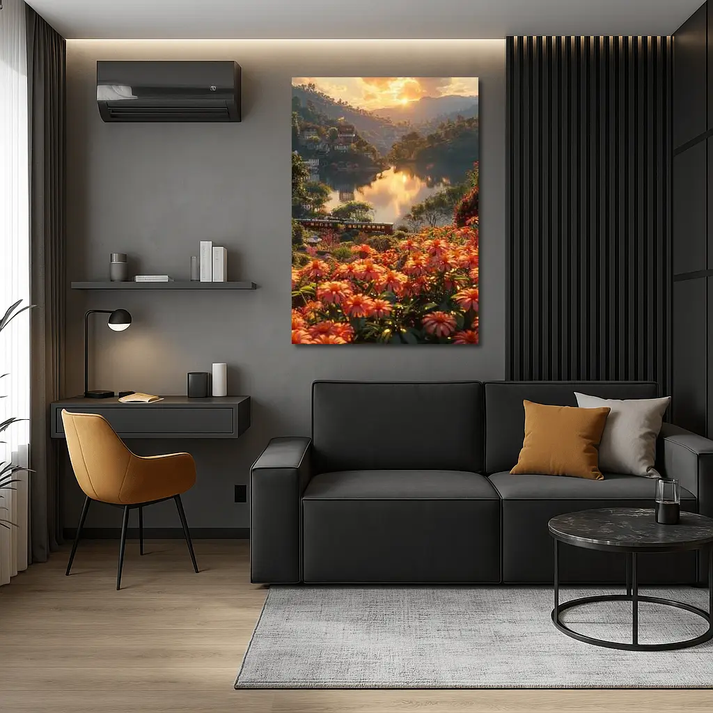 Orange Flowers River Valley Sunset Landscape – Wall Art