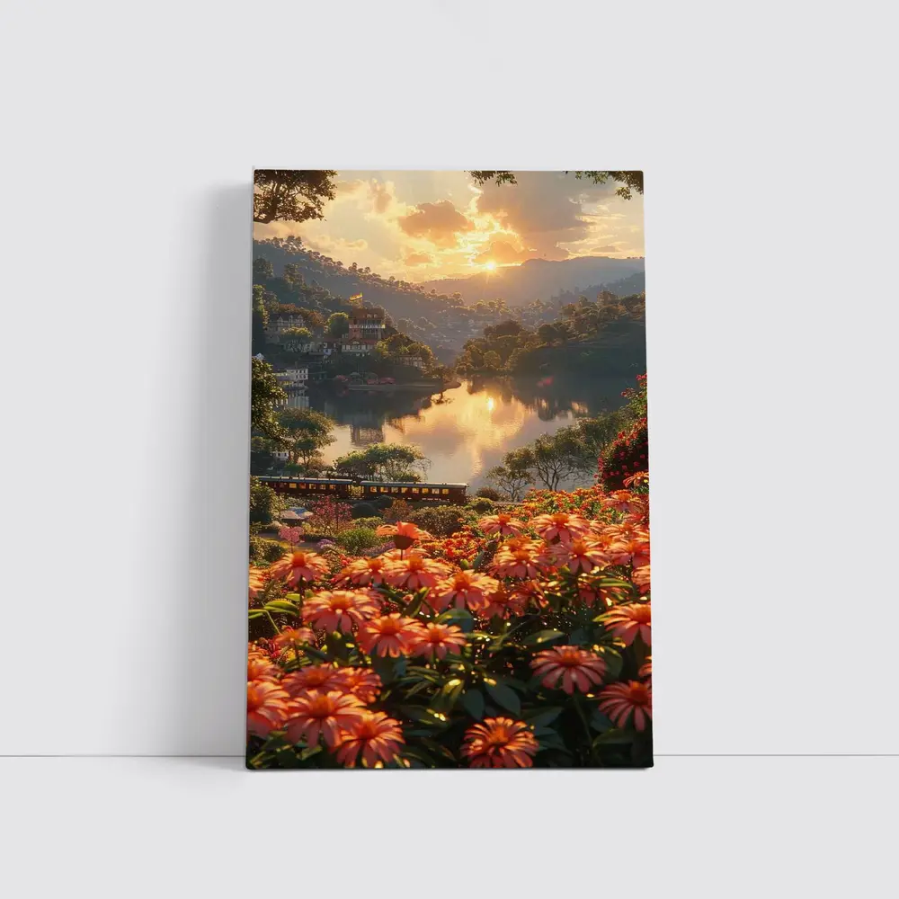Orange Flowers River Valley Sunset Landscape – Wall Art