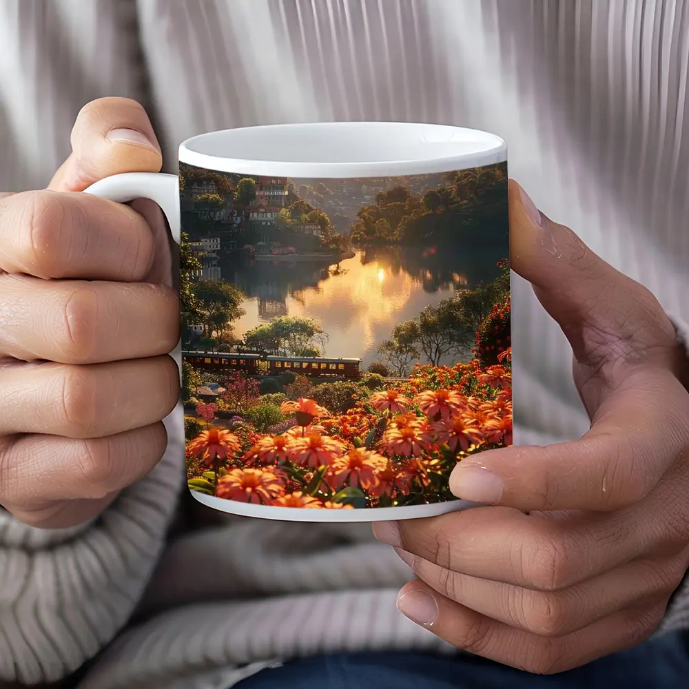 Orange Flowers River Valley Sunset Landscape – Mugs