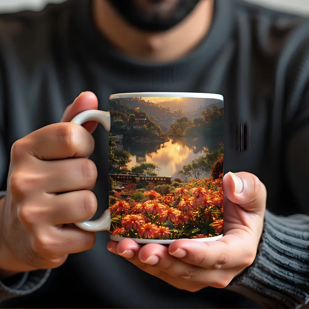 Orange Flowers River Valley Sunset Landscape – Mugs