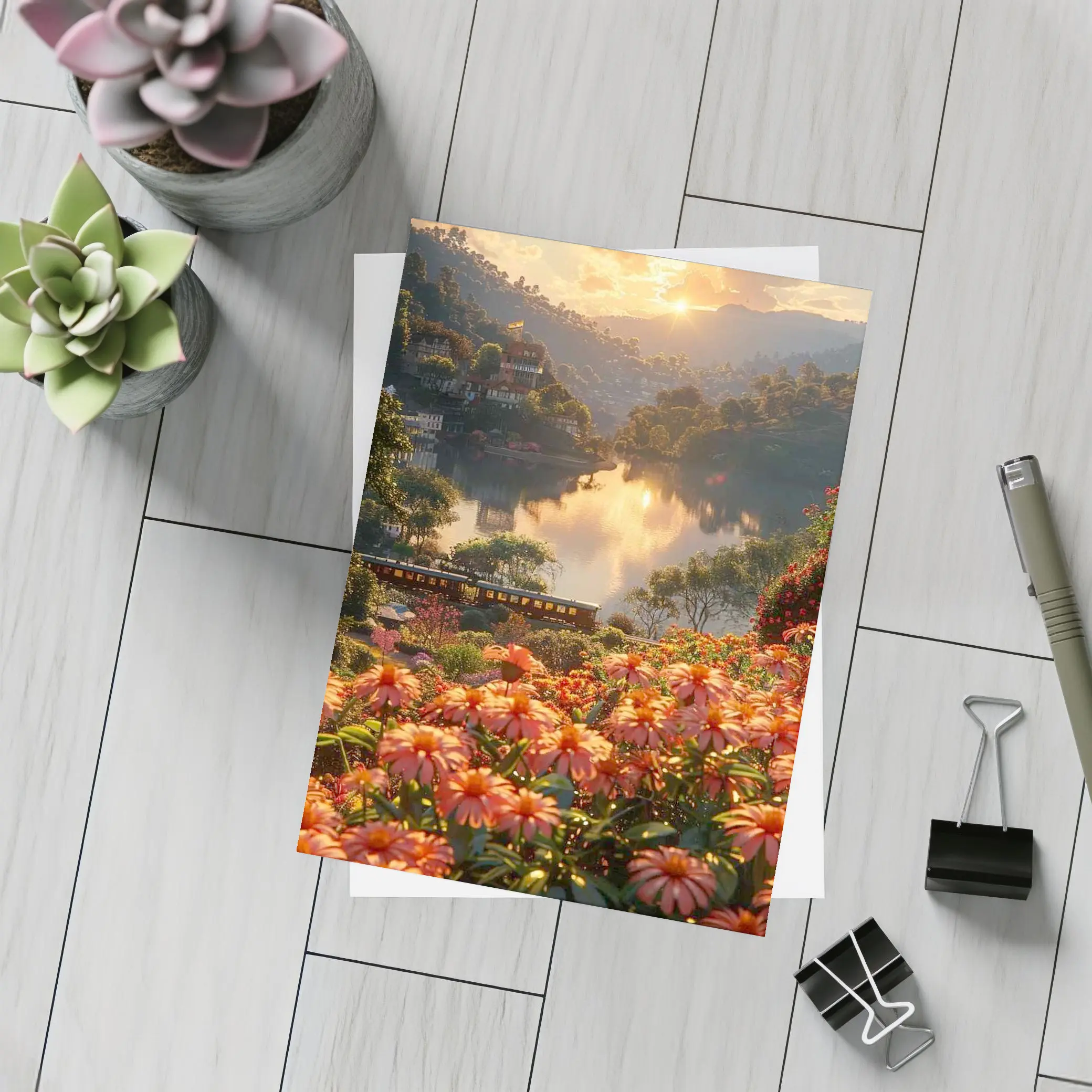 Orange Flowers River Valley Sunset Landscape – Postcards