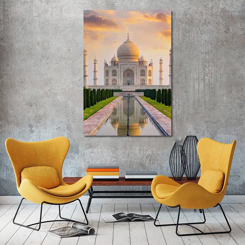Taj Mahal Sunset Golden Sky India – Wall Art