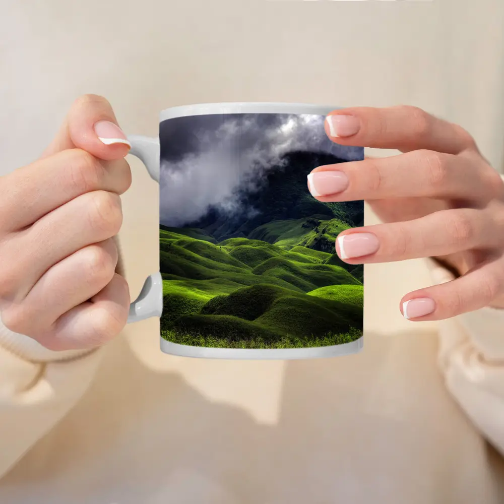 Green Rolling Hills Storm Clouds Mountains – Mugs