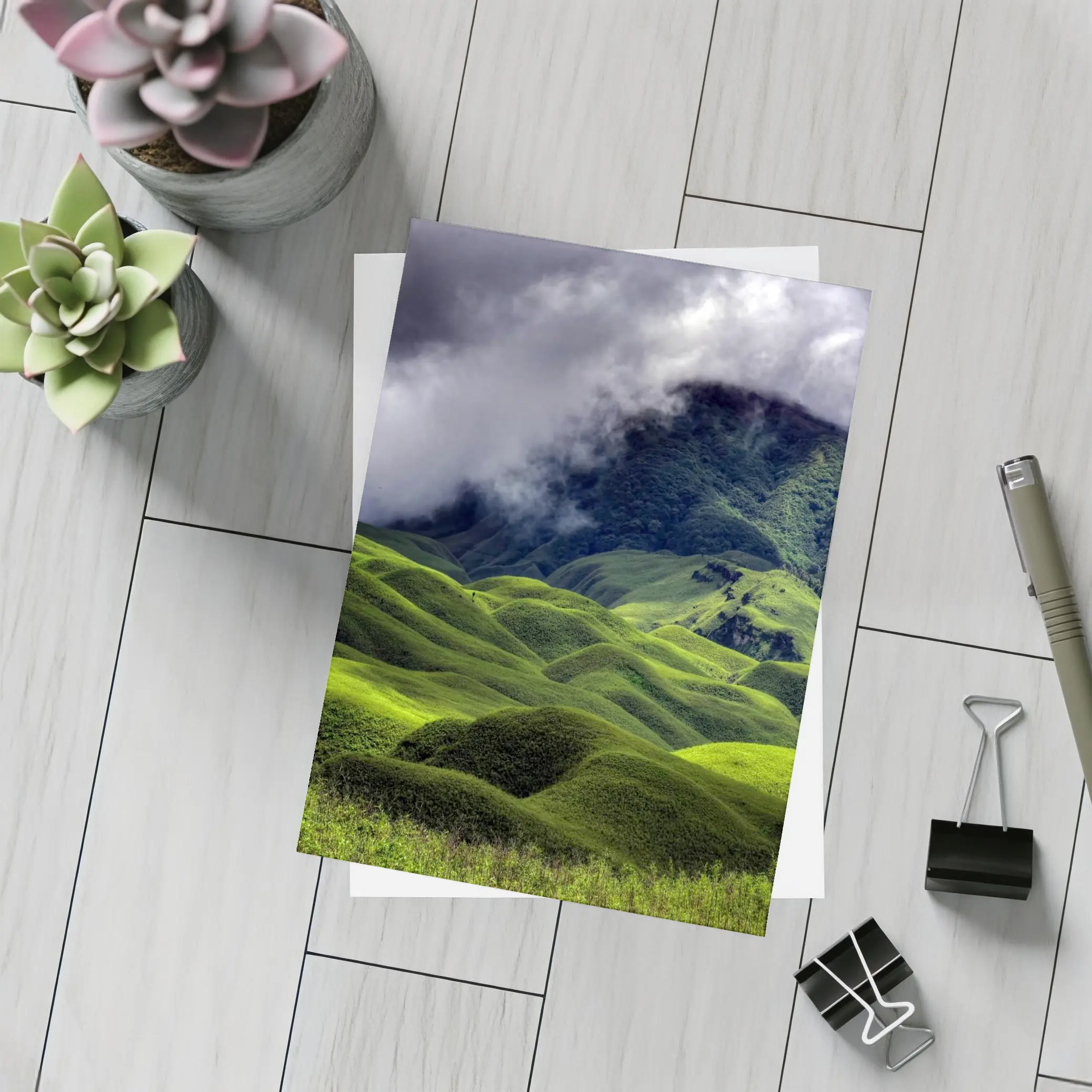 Green Rolling Hills Storm Clouds Mountains – Postcards