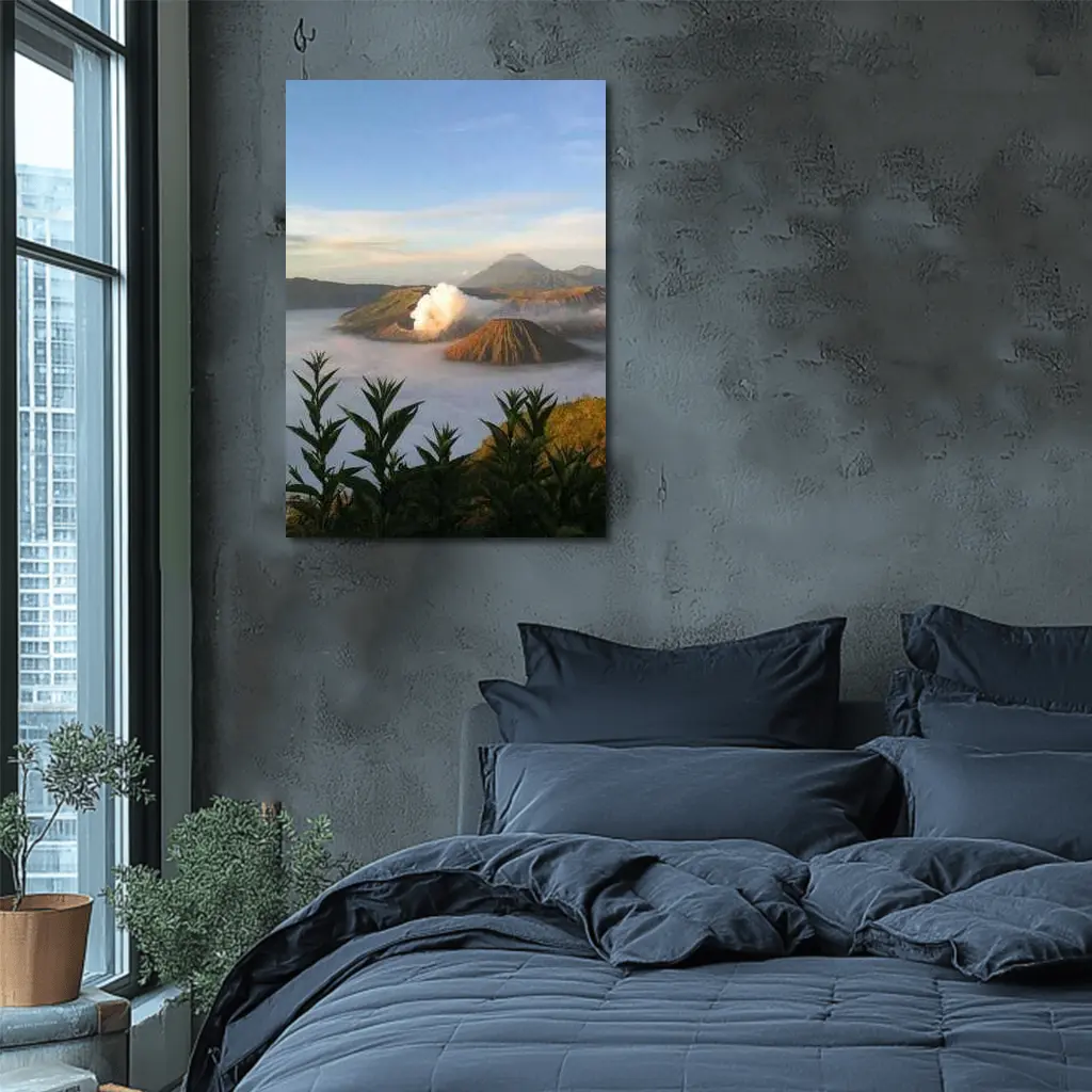 Mount Bromo Volcano Erupting Above Clouds Indonesia – Wall Art