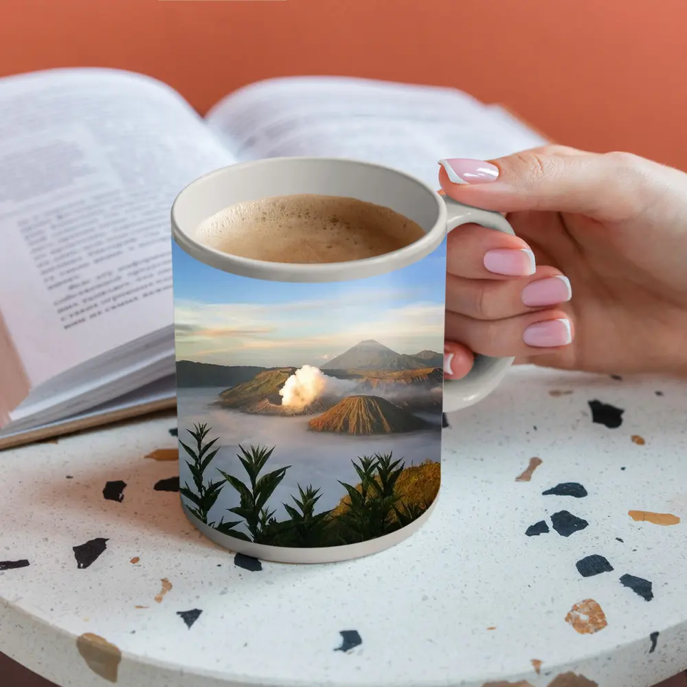 Mount Bromo Volcano Erupting Above Clouds Indonesia – Mugs