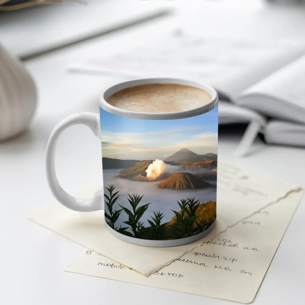 Mount Bromo Volcano Erupting Above Clouds Indonesia – Mugs