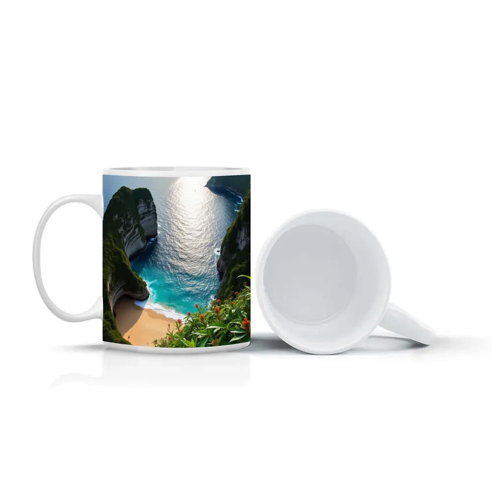Tropical Cliffside Beach Turquoise Ocean View – Mugs
