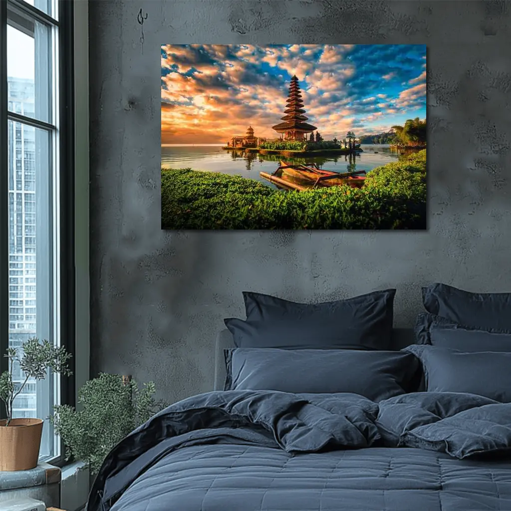 Bali Temple Lake Sunset Golden Sky – Wall Art