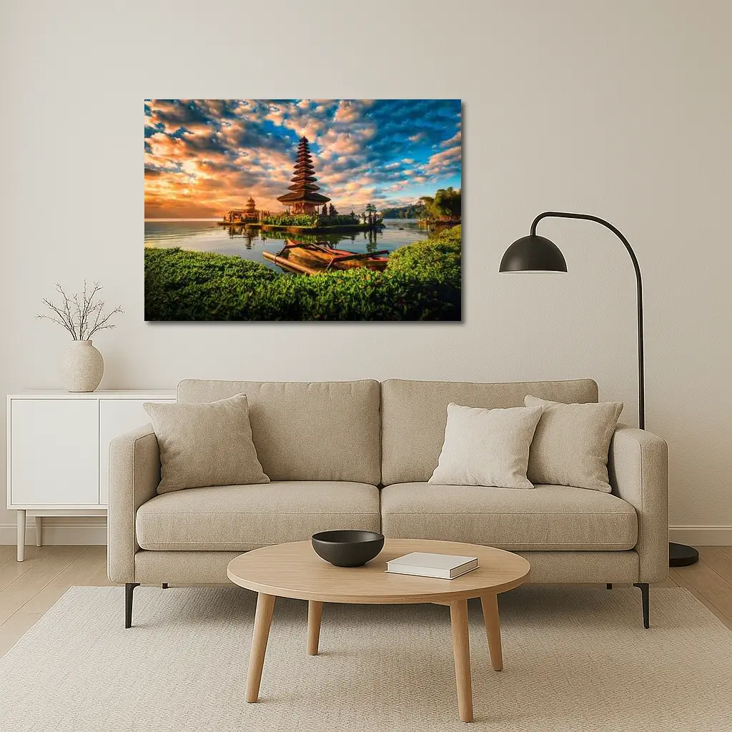 Bali Temple Lake Sunset Golden Sky – Wall Art