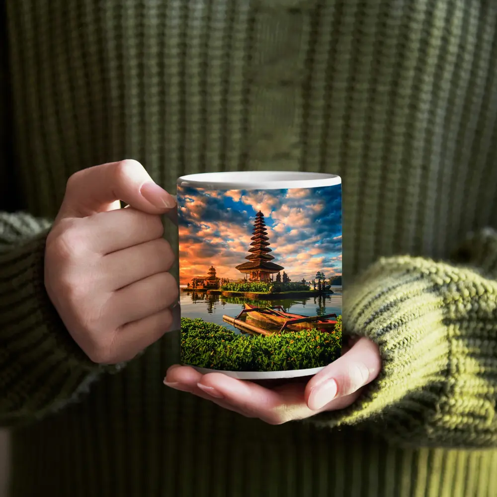 Bali Temple Lake Sunset Golden Sky – Mugs