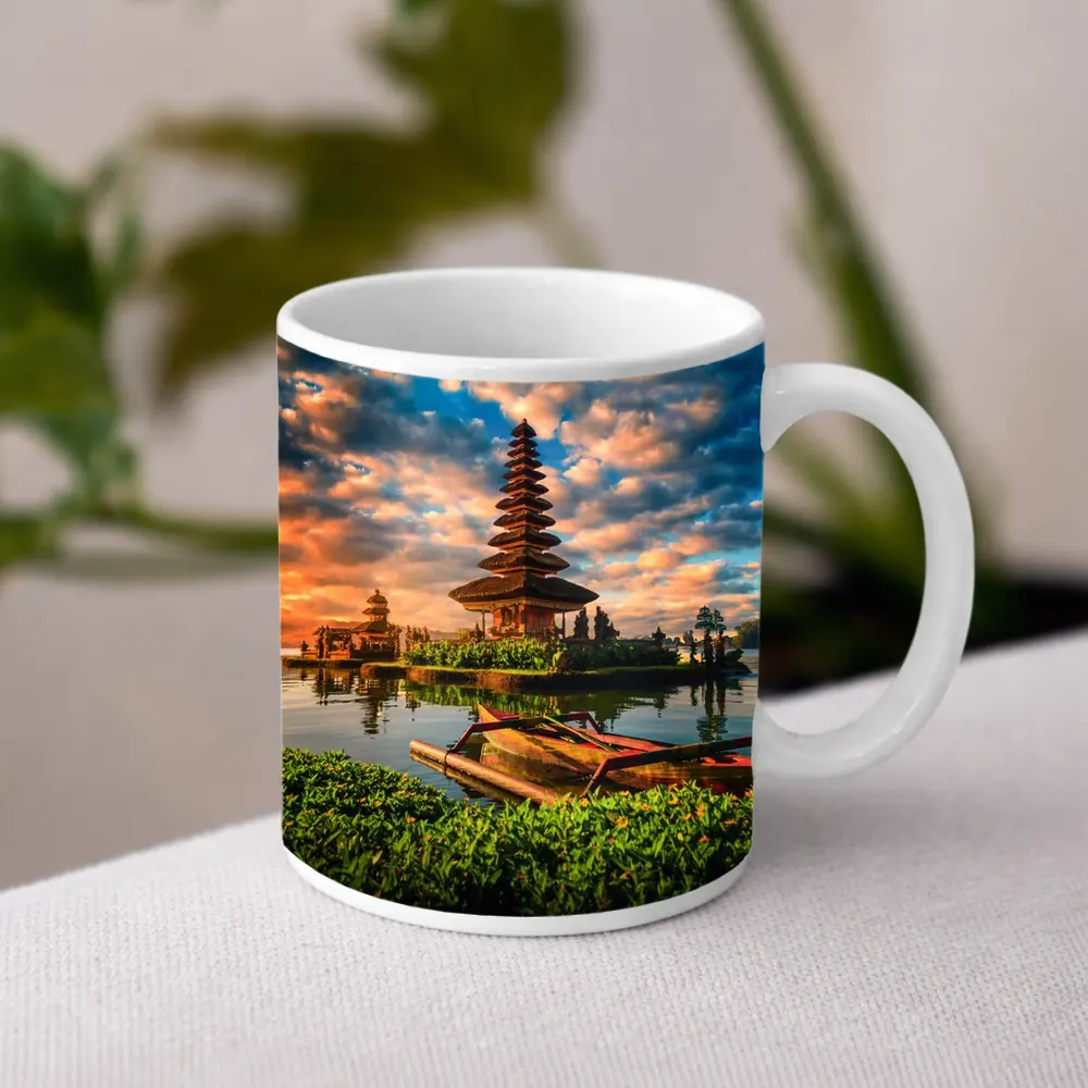 Bali Temple Lake Sunset Golden Sky – Mugs