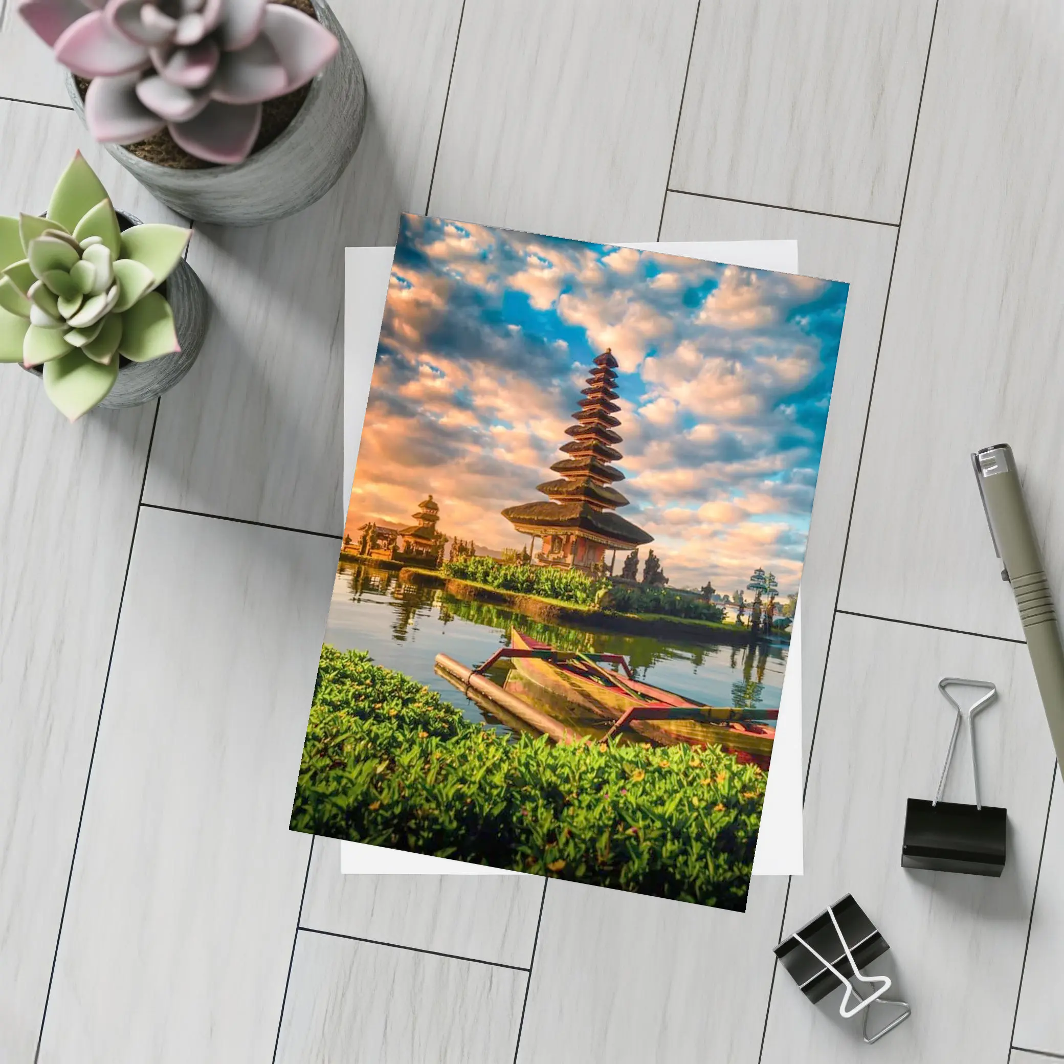 Bali Temple Lake Sunset Golden Sky – Postcards