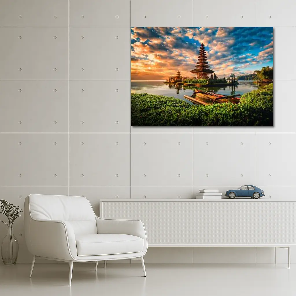 Bali Temple Lake Sunset Golden Sky – Wall Art