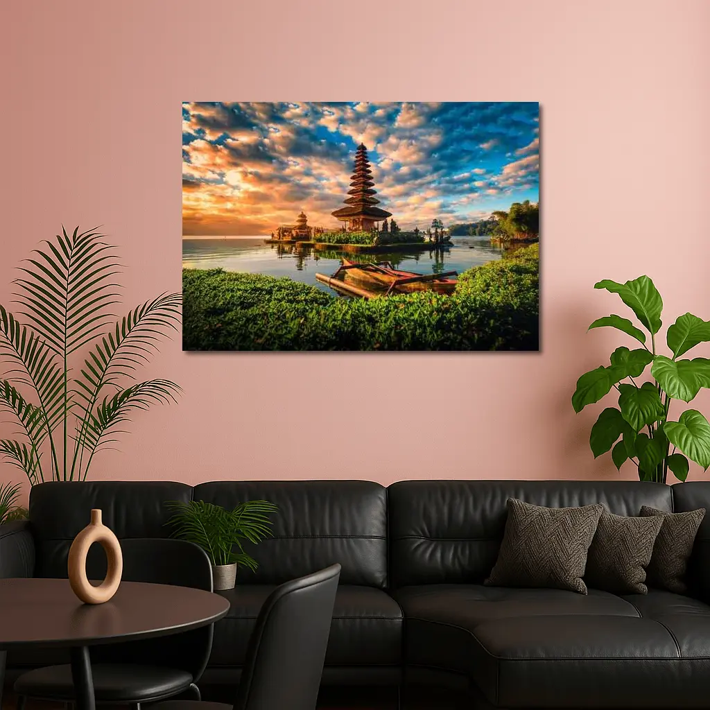 Bali Temple Lake Sunset Golden Sky – Wall Art