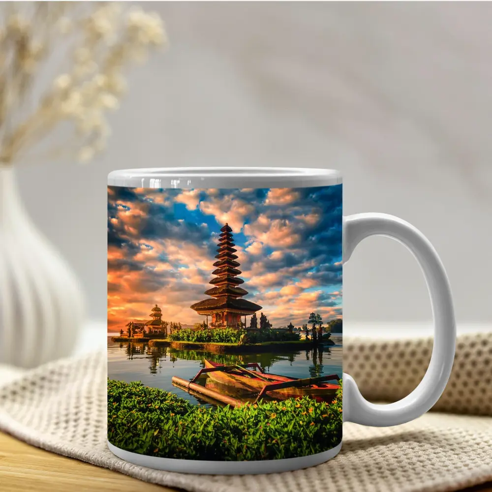 Bali Temple Lake Sunset Golden Sky – Mugs