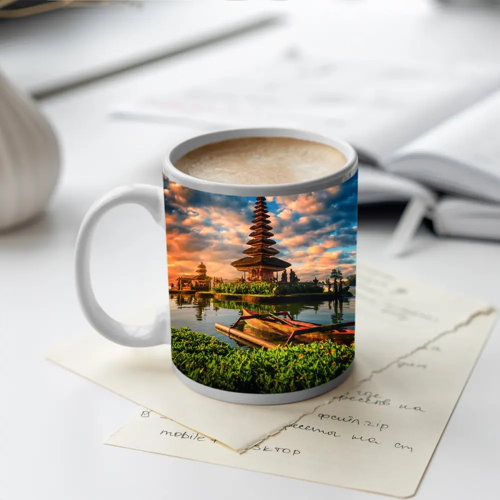 Bali Temple Lake Sunset Golden Sky – Mugs