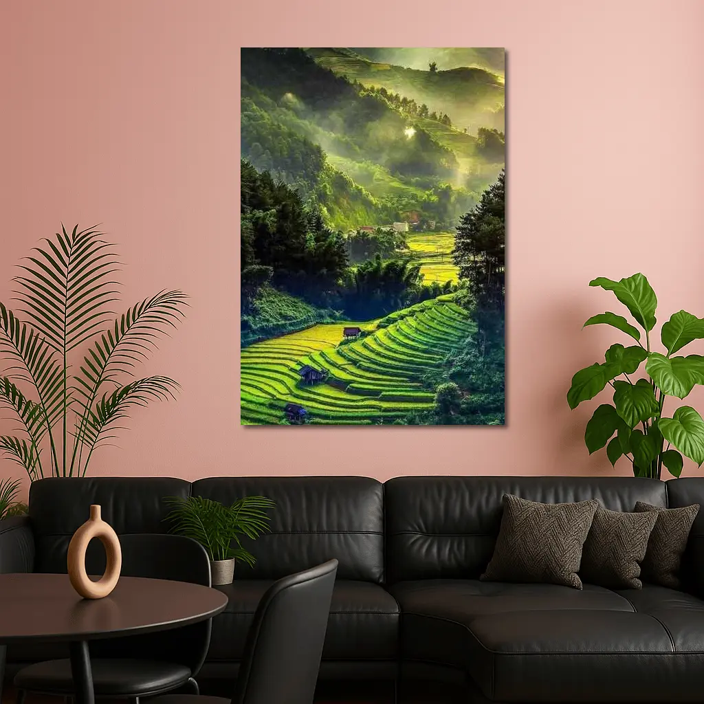 Green Rice Fields Misty Mountain Valley Landscape – Wall Art