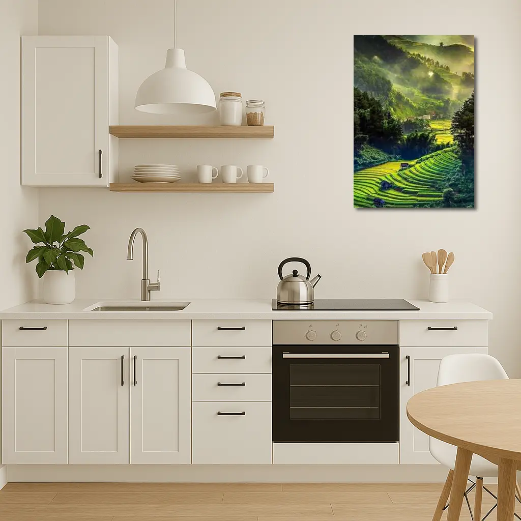 Green Rice Fields Misty Mountain Valley Landscape – Wall Art