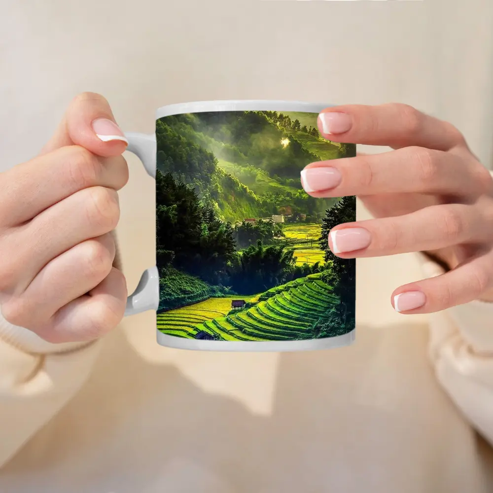 Green Rice Fields Misty Mountain Valley Landscape – Mugs