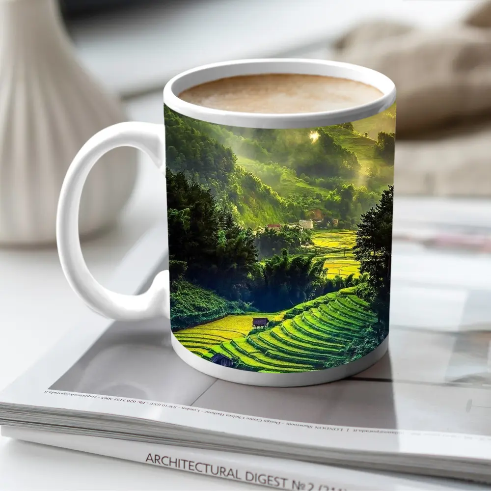 Green Rice Fields Misty Mountain Valley Landscape – Mugs