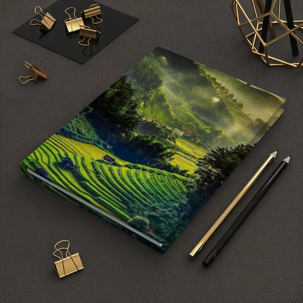 Green Rice Fields Misty Mountain Valley Landscape – Notebooks