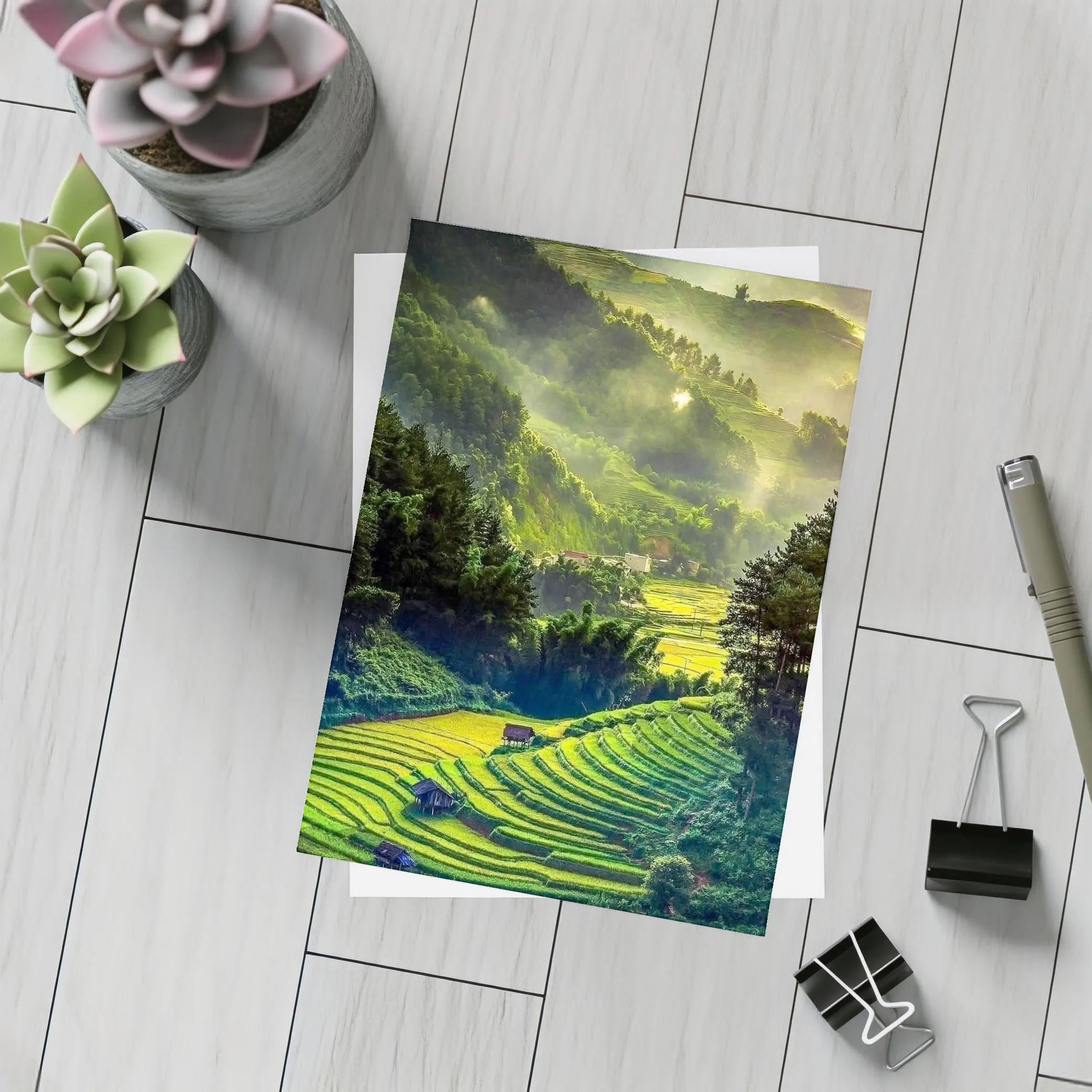 Green Rice Fields Misty Mountain Valley Landscape – Postcards