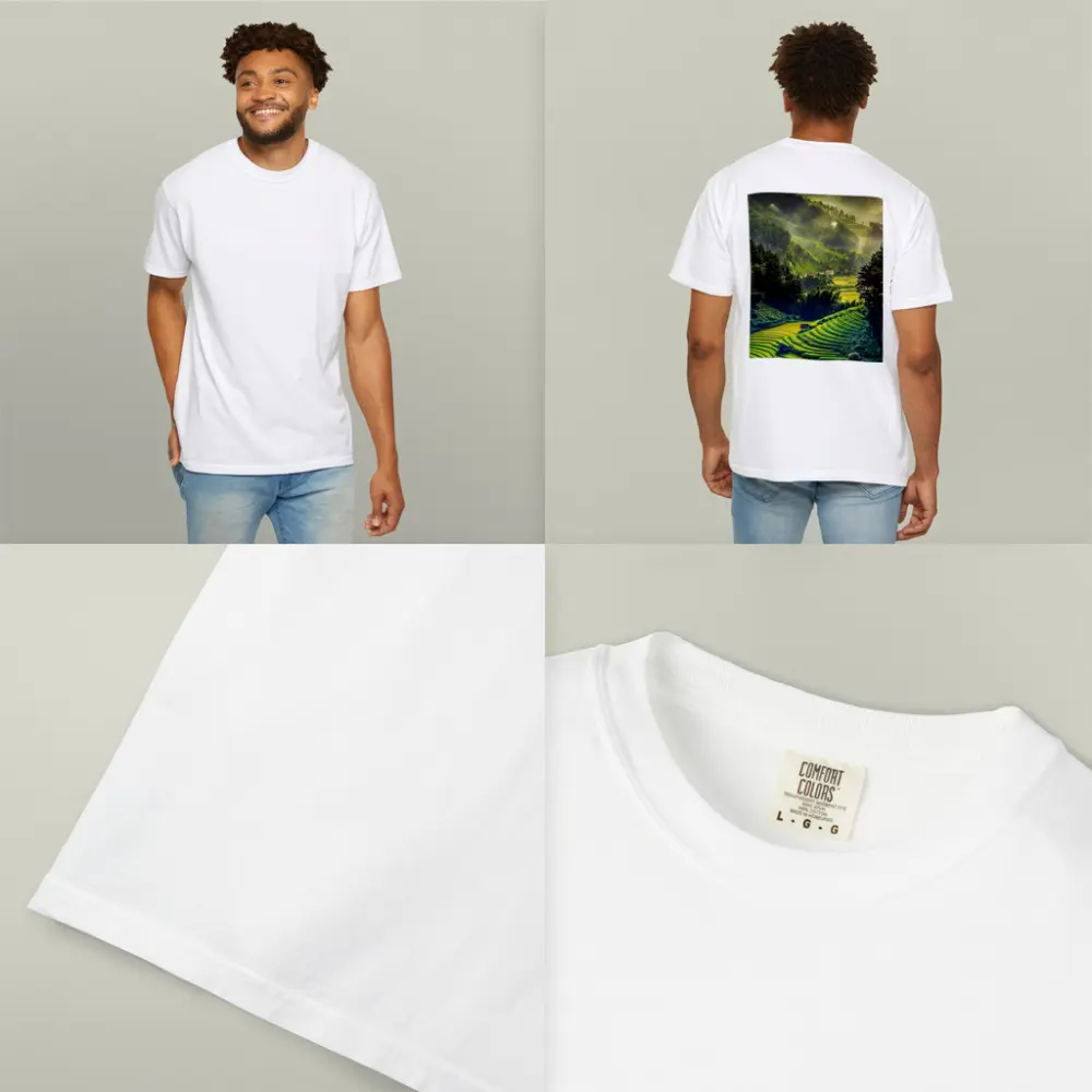 Green Rice Fields Misty Mountain Valley Landscape – T-Shirts
