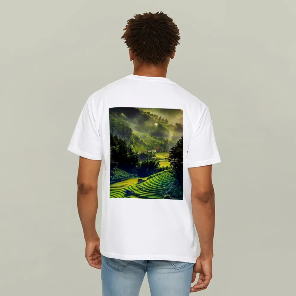 Green Rice Fields Misty Mountain Valley Landscape – T-Shirts