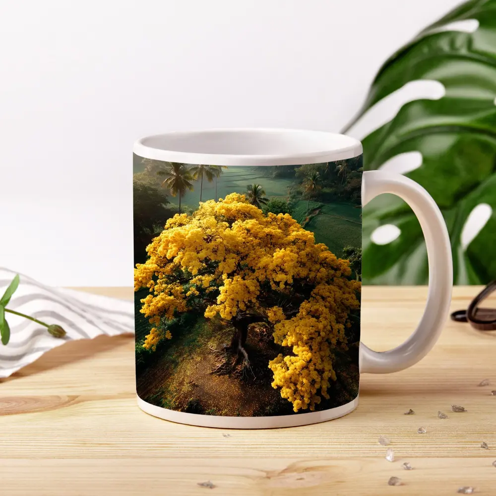 Yellow Flowering Tree Tropical Jungle Aerial – Mugs