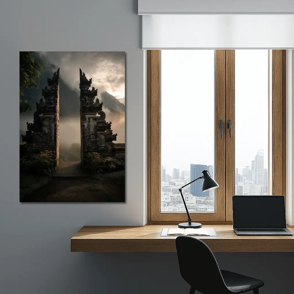 Balinese Temple Gate Misty Mountain Landscape – Wall Art